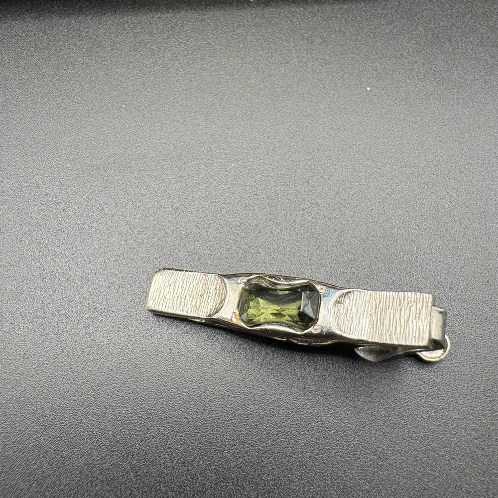 Vintage Swank Cufflinks Tie Bar Set Green Stone Silver Tone Mens w Box Retro